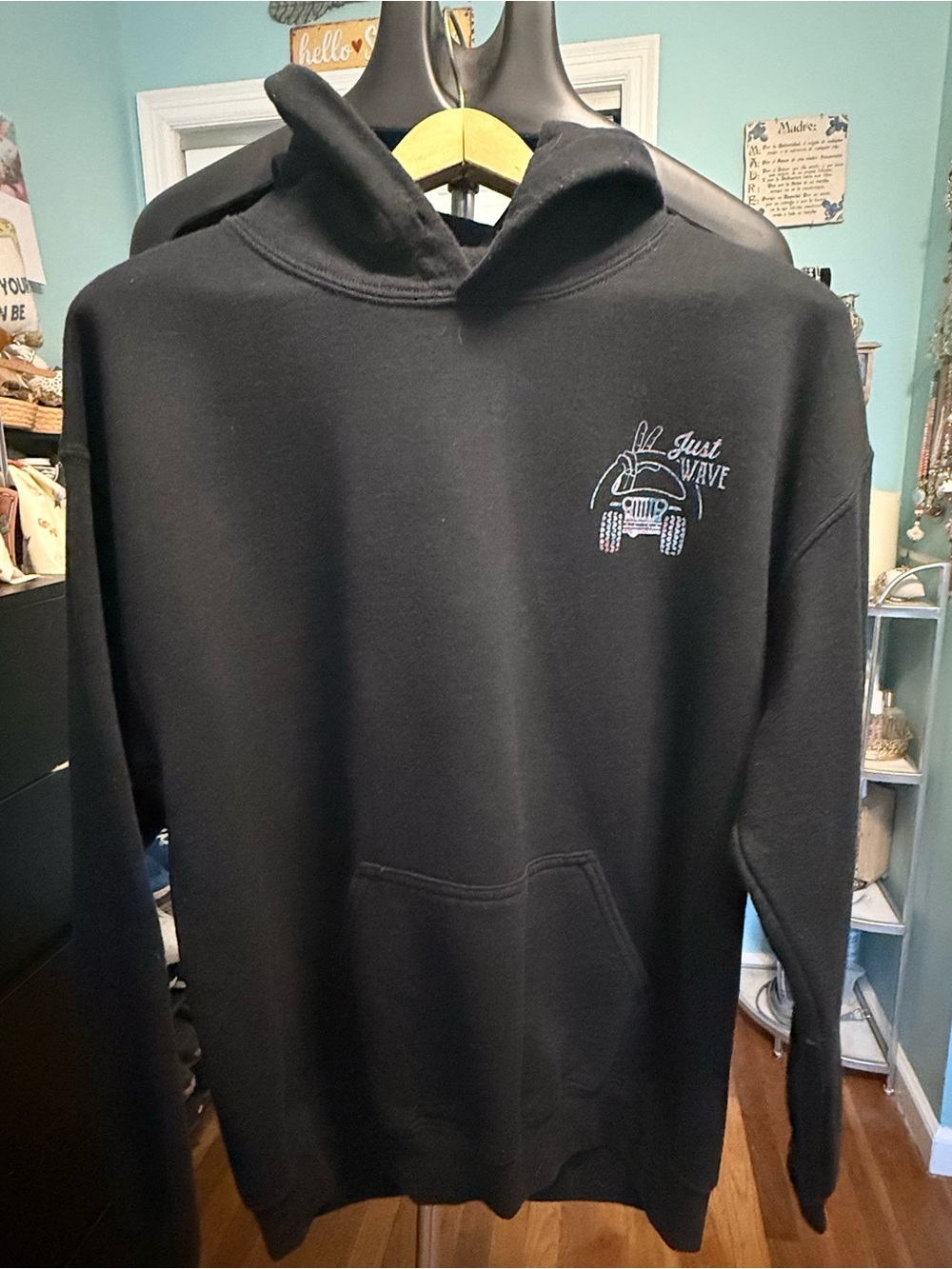 Unisex Gildan Black Hoodie with 'Just Wave' Graphic on front and back.